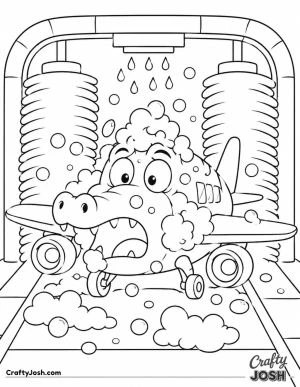 A surprised crocodile-airplane sits inside a cartoon car wash surrounded by soap bubbles, water drops, and two giant spinning brushes