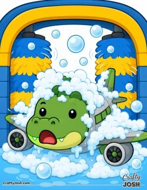 A surprised crocodile-airplane sits inside a cartoon car wash surrounded by soap bubbles, water drops, and two giant spinning brushes