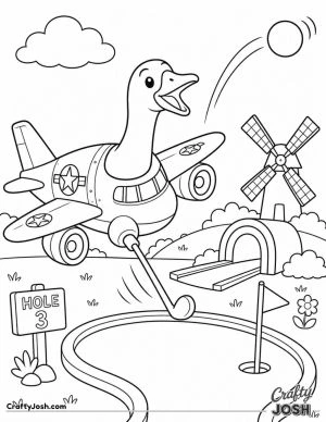 A cheerful goose-airplane plays mini golf while a golf ball flies through the air beside a windmill and tunnel obstacle