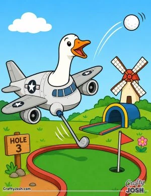 A cheerful goose-airplane plays mini golf while a golf ball flies through the air beside a windmill and tunnel obstacle