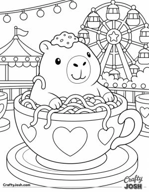 Capibara Carbonara relaxes inside a giant spaghetti-filled teacup ride with a Ferris wheel, carnival tent, and lights behind him