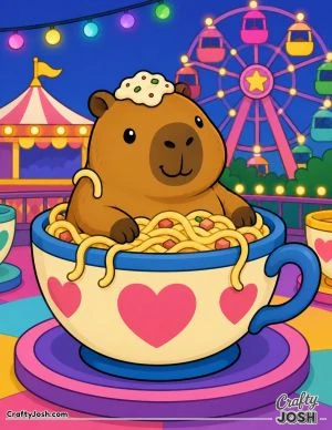 Capibara Carbonara relaxes inside a giant spaghetti-filled teacup ride with a Ferris wheel, carnival tent, and lights behind him