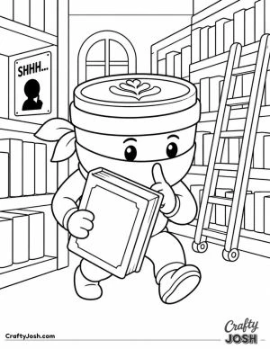Cappuccino Assassino tiptoes through a quiet library while carrying a giant book, surrounded by tall bookshelves, a rolling ladder, and a “SHHH” ..
