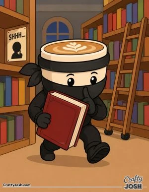Cappuccino Assassino tiptoes through a quiet library while carrying a giant book, surrounded by tall bookshelves, a rolling ladder, and a “SHHH” ..