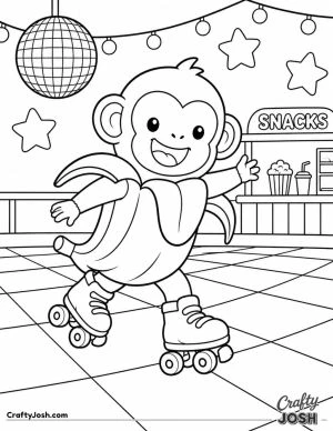 Chimpanzini Bananini happily roller skates across a fun indoor rink with a disco ball, stars, and a snack counter in the background