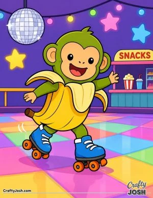 Chimpanzini Bananini happily roller skates across a fun indoor rink with a disco ball, stars, and a snack counter in the background