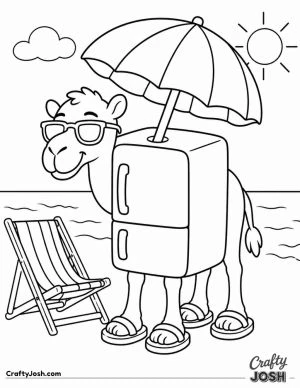 Frigo Camelo stands on a sunny beach with a giant umbrella stuck on top of his fridge body, beside a beach chair with the calm ocean behind him