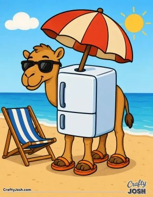 Frigo Camelo stands on a sunny beach with a giant umbrella stuck on top of his fridge body, beside a beach chair with the calm ocean behind him