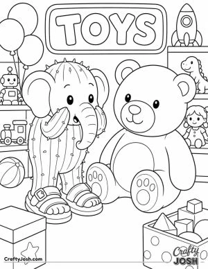 Lirilì Larilà stands beside a giant teddy bear in a cheerful toy store filled with balloons, shelves, boxes, and oversized toys