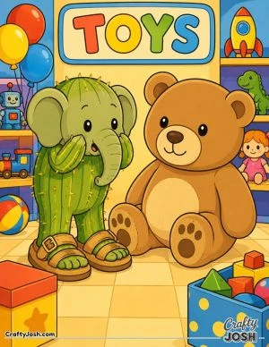 Lirilì Larilà stands beside a giant teddy bear in a cheerful toy store filled with balloons, shelves, boxes, and oversized toys