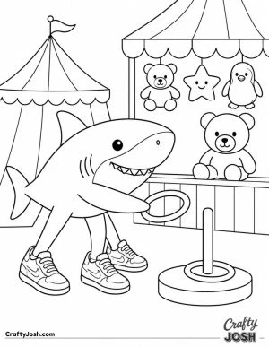 Tralalero Tralala plays a fun carnival ring toss game beside a prize booth filled with cute toys and a striped circus tent