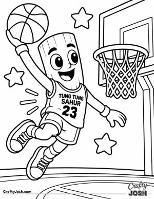 Tung Tung Sahur leaps through the air with a basketball beside a large hoop and backboard, wearing his number 23 uniform as stars surround him