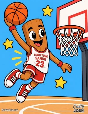 Tung Tung Sahur leaps through the air with a basketball beside a large hoop and backboard, wearing his number 23 uniform as stars surround him