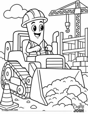 Tung Tung Sahur wears a hard hat and drives a big bulldozer surrounded by a crane, building blocks, rocks, and a traffic cone