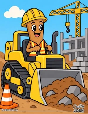 Tung Tung Sahur wears a hard hat and drives a big bulldozer surrounded by a crane, building blocks, rocks, and a traffic cone