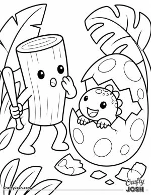 Tung Tung Sahur looks surprised beside a giant cracked dinosaur egg as a cute baby dinosaur pops out among big jungle leaves