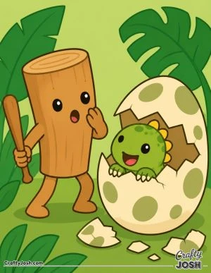 Tung Tung Sahur looks surprised beside a giant cracked dinosaur egg as a cute baby dinosaur pops out among big jungle leaves