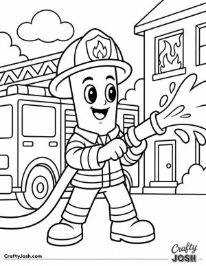 Tung Tung Sahur is dressed as a cheerful firefighter, spraying water from a big hose toward a burning window with a fire truck behind him