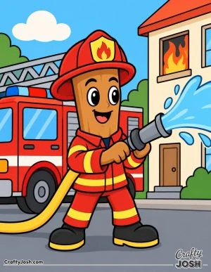 Tung Tung Sahur is dressed as a cheerful firefighter, spraying water from a big hose toward a burning window with a fire truck behind him