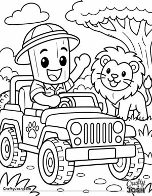 Tung Tung Sahur waves happily from a safari jeep while a friendly lion stands beside him near a big tree and grass