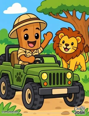 Tung Tung Sahur waves happily from a safari jeep while a friendly lion stands beside him near a big tree and grass