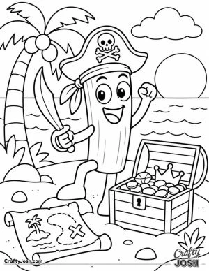 Tung Tung Sahur stands on a tiny island dressed as a pirate beside a treasure chest, treasure map, palm tree, and ocean