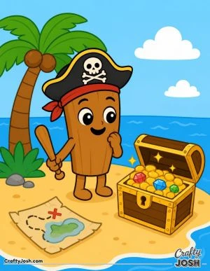 Tung Tung Sahur stands on a tiny island dressed as a pirate beside a treasure chest, treasure map, palm tree, and ocean