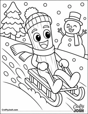 Tung Tung Sahur rides a sled down a snowy hill with a big smile while a snowman, pine tree, and falling snowflakes fill the winter scene