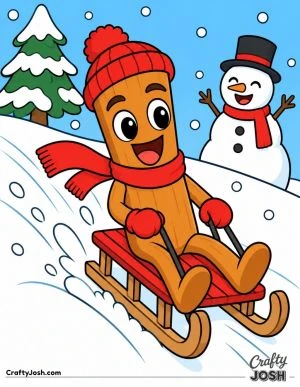 Tung Tung Sahur rides a sled down a snowy hill with a big smile while a snowman, pine tree, and falling snowflakes fill the winter scene