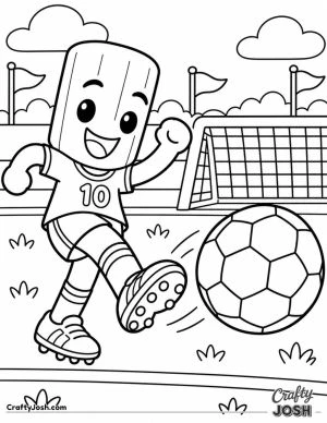 Tung Tung Sahur happily kicks a giant soccer ball toward the goal while wearing his number 10 uniform and cleats