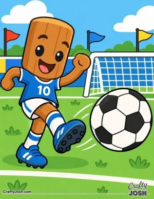 Tung Tung Sahur happily kicks a giant soccer ball toward the goal while wearing his number 10 uniform and cleats