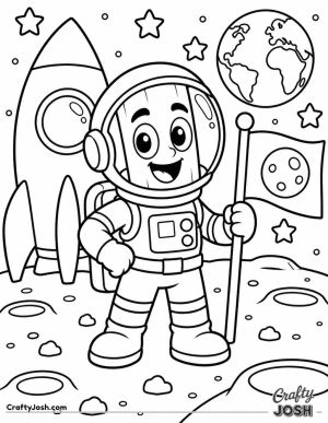 Tung Tung Sahur stands proudly on the Moon in an astronaut suit beside a rocket and flag, with Earth and stars floating above