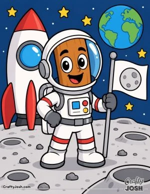 Tung Tung Sahur stands proudly on the Moon in an astronaut suit beside a rocket and flag, with Earth and stars floating above