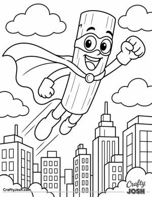 Tung Tung Sahur flies above a simple city wearing a superhero cape, mask, gloves, and boots with fluffy clouds around him