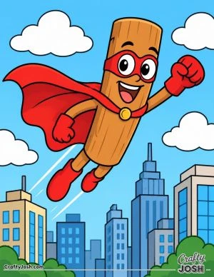 Tung Tung Sahur flies above a simple city wearing a superhero cape, mask, gloves, and boots with fluffy clouds around him
