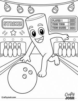 Tung Tung Tung Sahur rolls a large bowling ball down the lane while bowling pins, a scoreboard, and bright overhead lights fill the scene