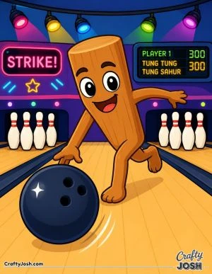 Tung Tung Tung Sahur rolls a large bowling ball down the lane while bowling pins, a scoreboard, and bright overhead lights fill the scene