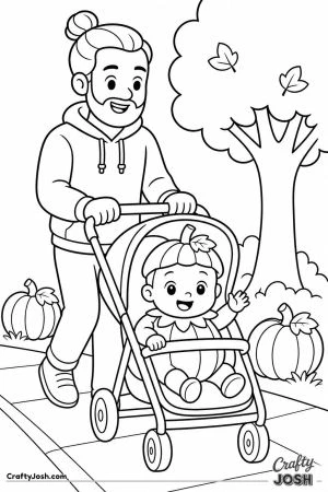 Baby in a stroller dressed as a little pumpkin