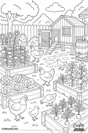 Backyard chickens among raised garden beds