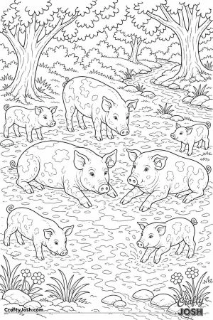 Big mud wallow with a family of pigs