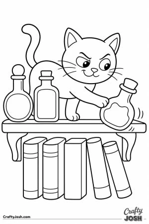 Black cat knocking a potion bottle off a shelf