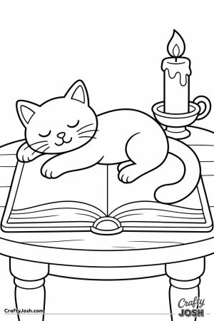 Black cat napping on an open spellbook