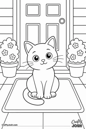 Black cat on a welcome mat