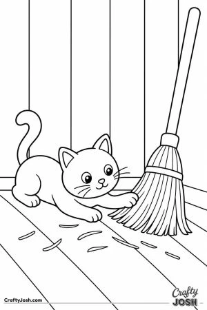 Black cat playing with broom bristles