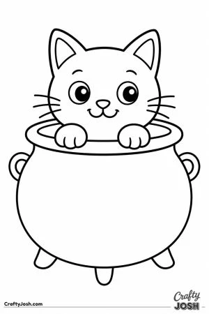 Black cat sitting inside an empty cauldron