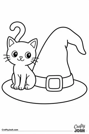 Black cat sitting on the brim of a witch hat