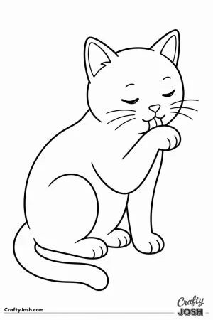 Black cat washing its paw