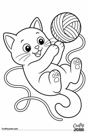 Black kitten batting a ball of yarn