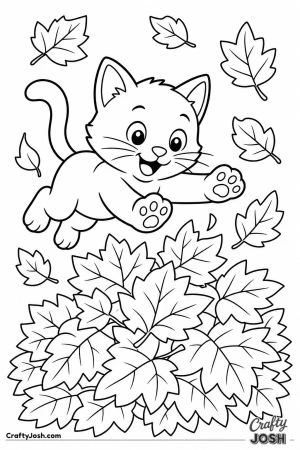 Black kitten pouncing on autumn leaves