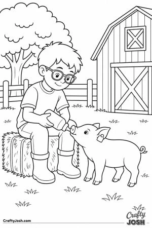 Boy bottle feeding a piglet